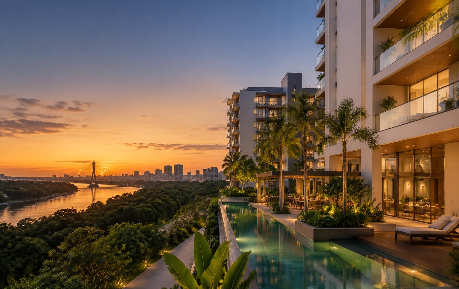 Empreendimento residencial contemporâneo ao pôr do sol